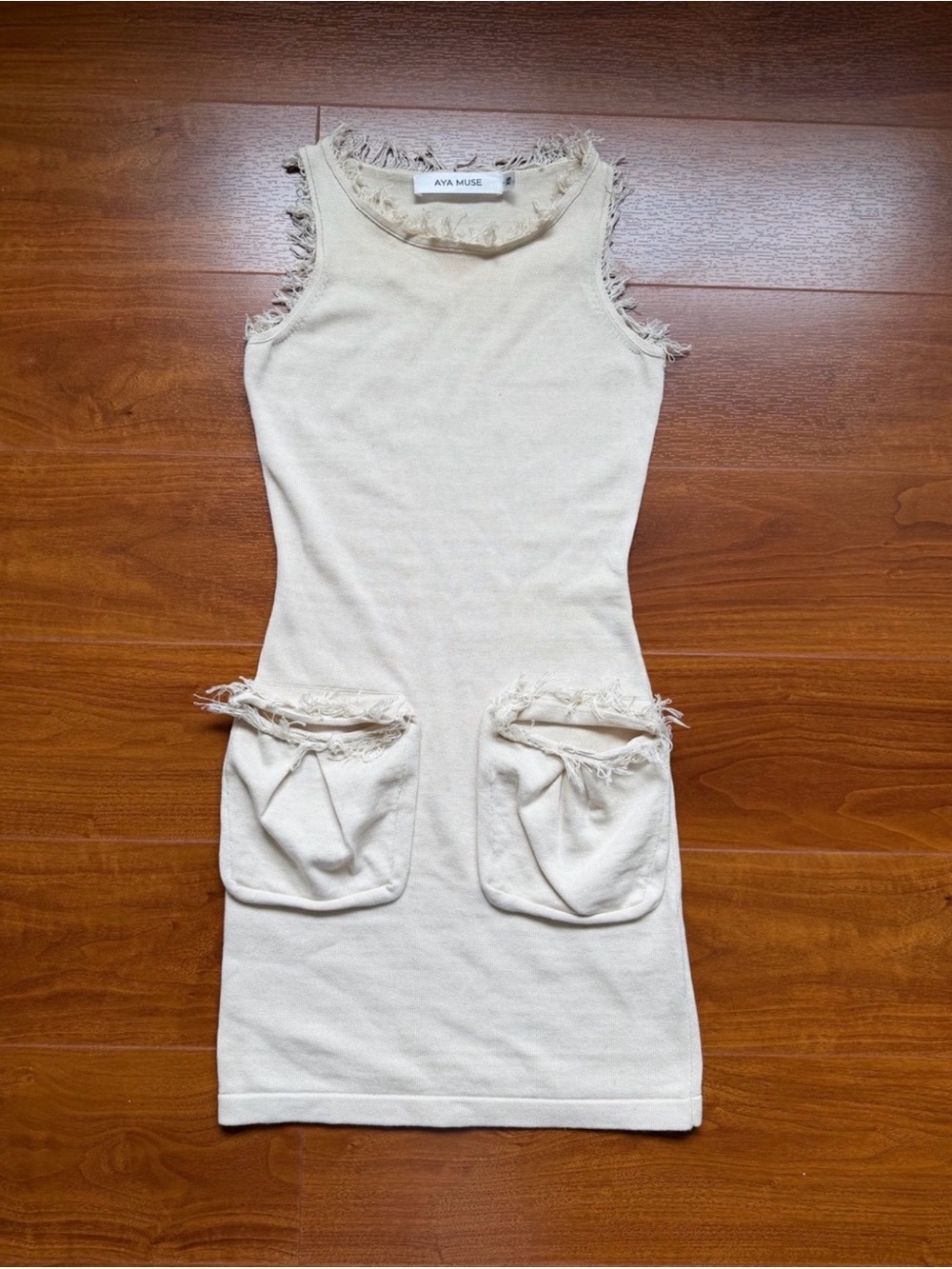 Aya Muse Fleur Frayed Sleeveless Cream Mini Dress - Picture 2 of 3